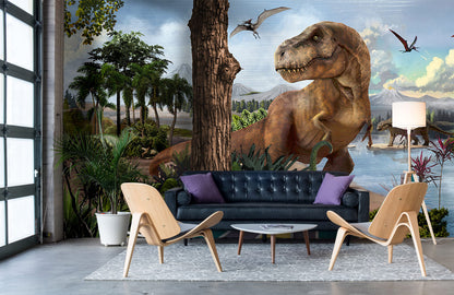 Dinosaur Adventure Prehistoric Landscape Wallpaper in living room