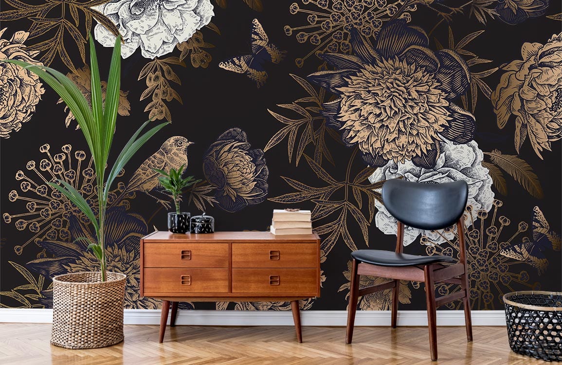 Vintage botanical noir floral wallpaper, birds, butterflies, wooden dresser, modern chair, parquet flooring.