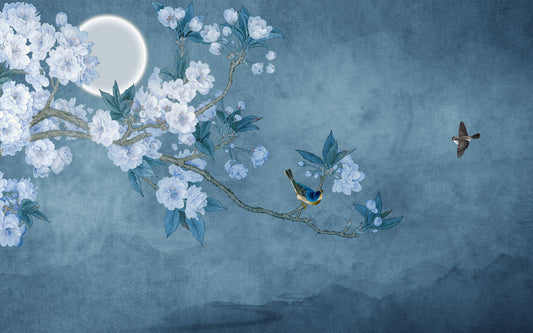 Tranquil Blue Floral Bird Mural Wallpaper