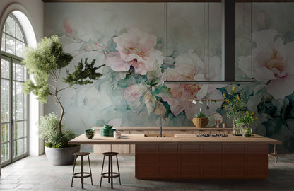 Elegant Pastel Blossom Floral Wallpaper in kitchen