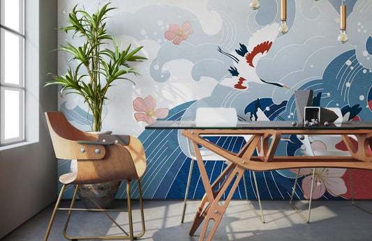 Cherry Blossoms and Ocean Waves Mural Wallpaper in office