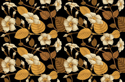 Vintage Floral Elegance: Black, White, and Gold Botanical Wallpaper Design