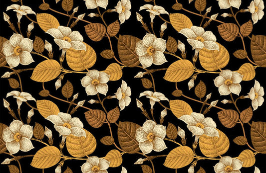 Vintage Floral Elegance: Black, White, and Gold Botanical Wallpaper Design