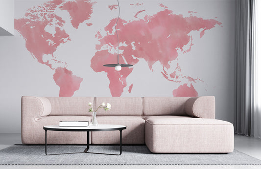 Pink Watercolor World Map Wallpaper in living room