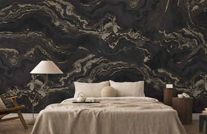 Obsidian Luxe Marble Mural Wallpaper in bedroom