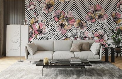 Geometric Blossom Stripe Wallpaper