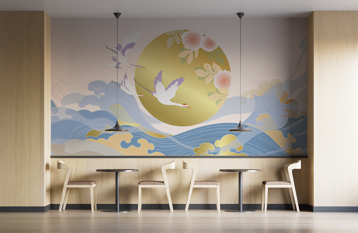 Golden Sunrise & Cranes Mural Wallpaper in restaurant setting