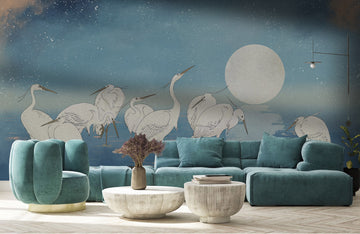 Sternenbeleuchtete Reiher & Mond Wandtapete