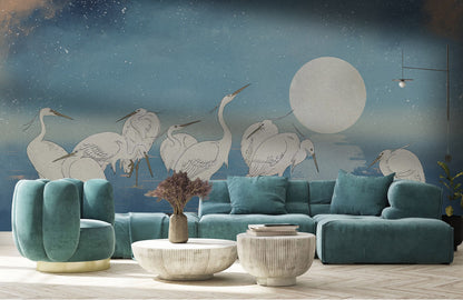 Starlit Egrets & Moon Mural Wallpaper in living room