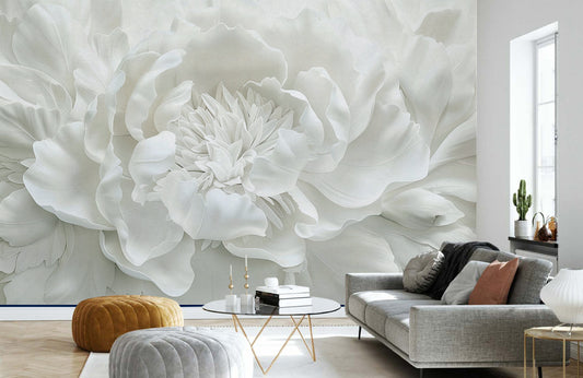 White Floral Elegance Mural Wallpaper in living room