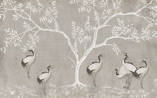 Elegant Crane Bird Botanical Mural Wallpaper