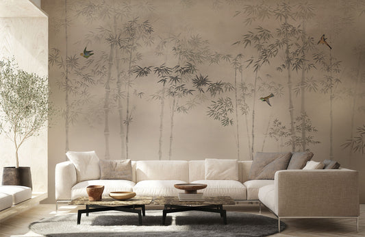 Misty Bamboo Grove Mural Wallpaper in living room