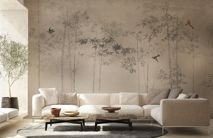 Misty Bamboo Grove Mural Wallpaper in living room