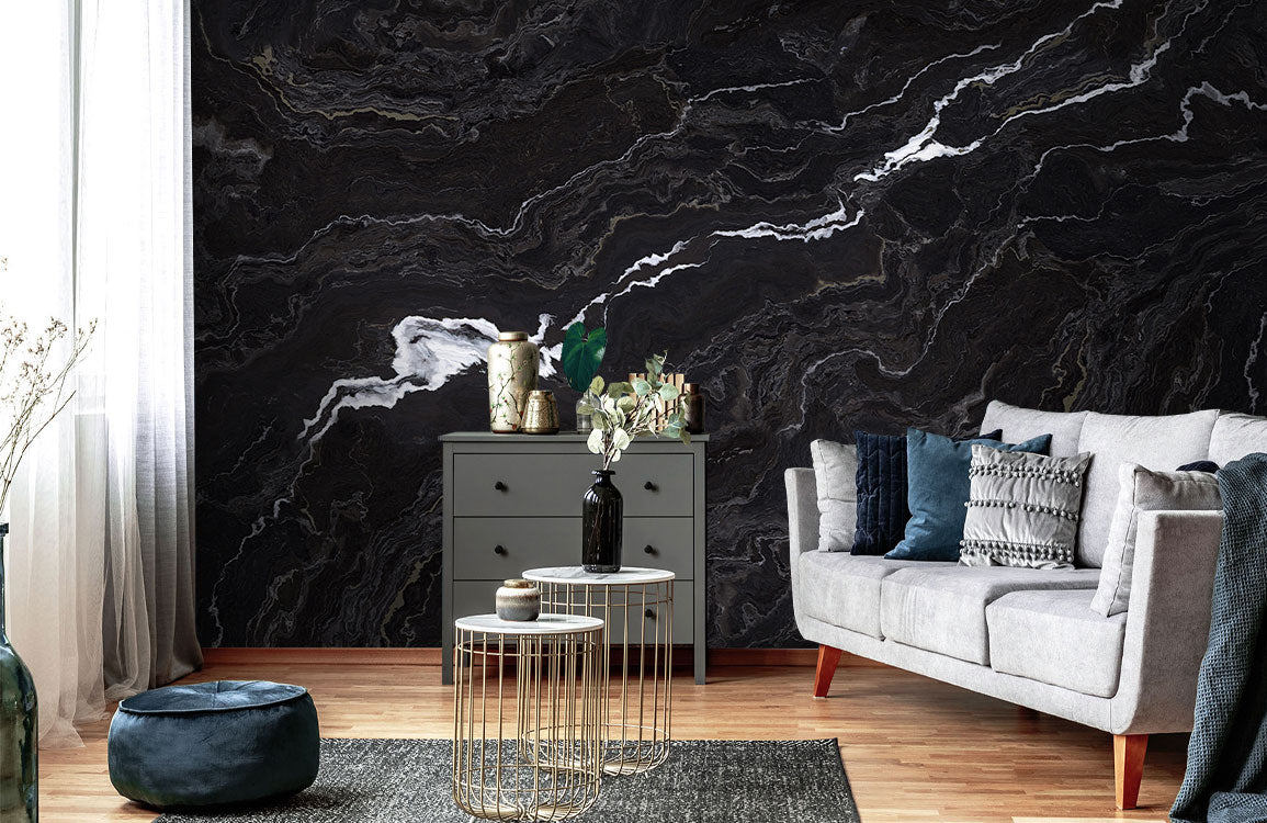 Midnight Elegance Marble Mural Wallpaper in living room