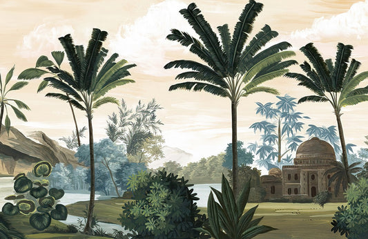 Tropical Palm Landscape Vintage Mural Wallpaper