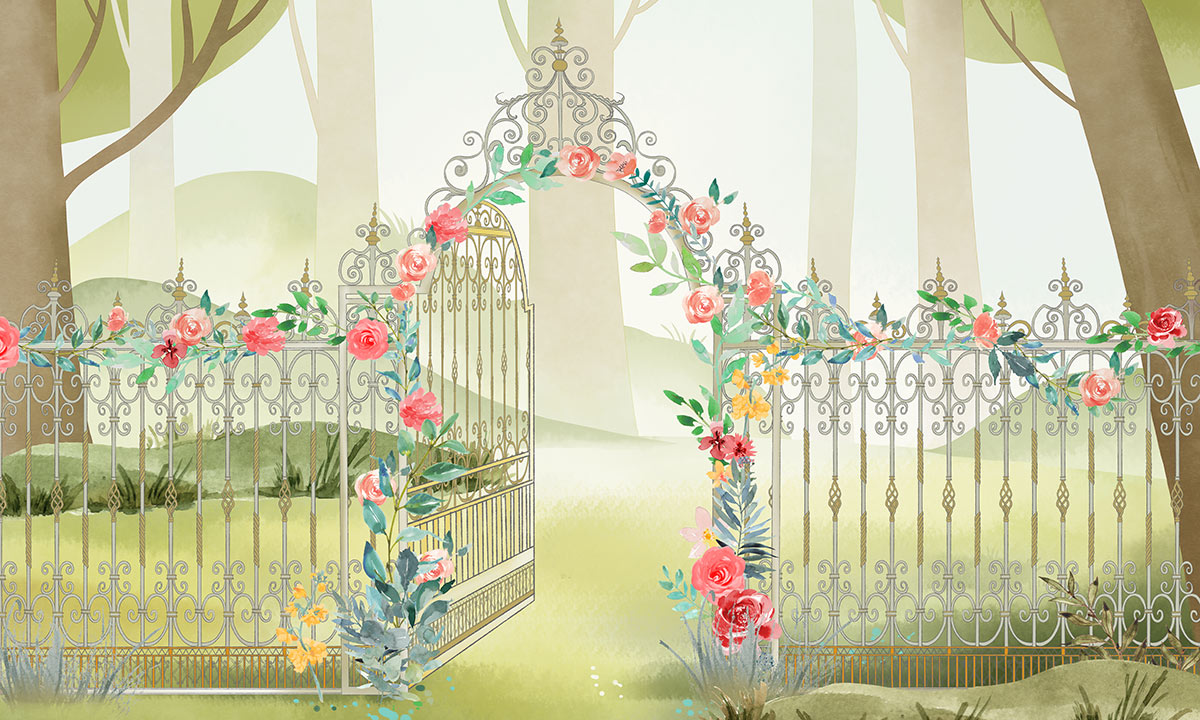Enchanted Garden Gate Floral Mural Wallpaper