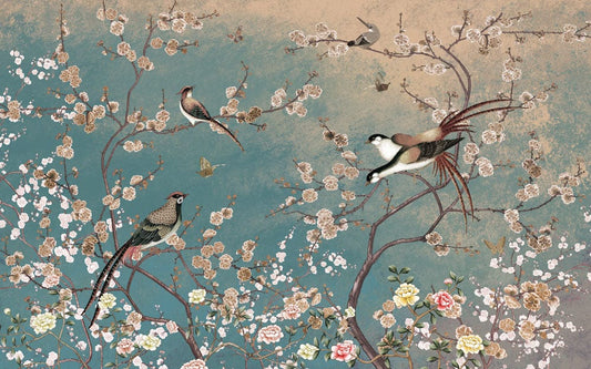 Elegant Teal Floral Bird Mural Wallpaper