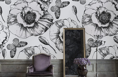 Vector Black & White Poppy Wallpaper Mural in living room
