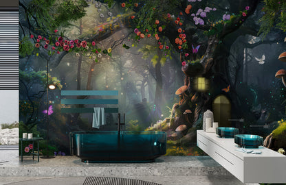 Enchanted Forest Bath Mural Wallpaper in bathroom