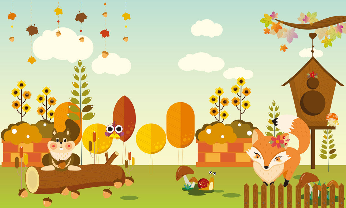 Cheerful Autumn Woodland Creatures Kids Wallpaper Mural
