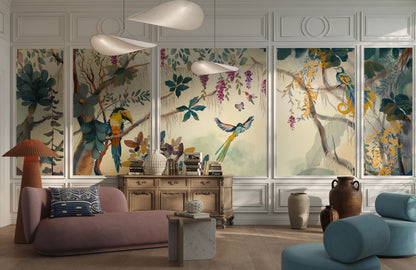 Tropical Jungle Birds Mural Wallpaper in living room