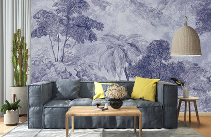 Mystical Blue Forest Scenic Wallpaper in living room