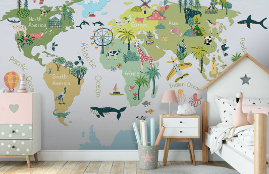 World Map Kids Room Wallpaper in bedroom