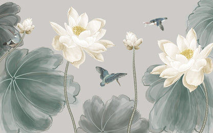 Birds & Lotus Watercolor Painting Mural