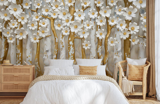 Golden Bloom Forest Mural Wallpaper in bedroom