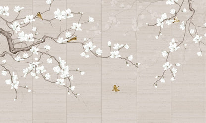 Elegant Blossom Beige Floral Mural Wallpaper with Birds and Branches Design