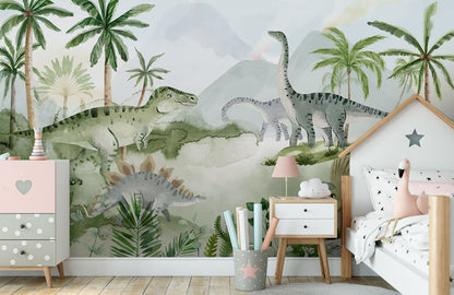 Prehistoric Adventure Mural Wallpaper in bedroom