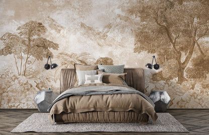 Vintage Botanical Jungle Forest Wallpaper in bedroom
