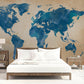 Vintage Blue Watercolor World Map Mural Wallpaper in bedroom