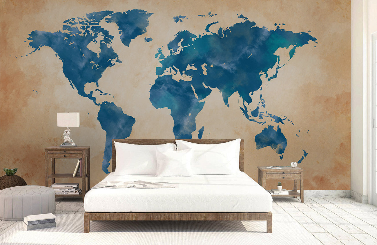 Vintage Blue Watercolor World Map Mural Wallpaper in bedroom