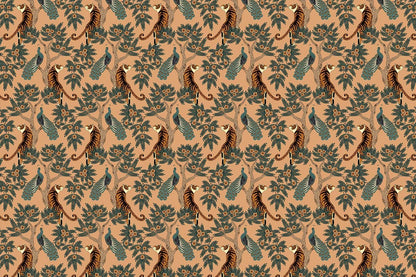 Vintage Botanical Fauna Patterned Wallpaper in Earthy Browns and Greens