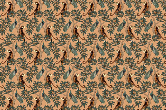 Vintage Botanical Fauna Patterned Wallpaper in Earthy Browns and Greens