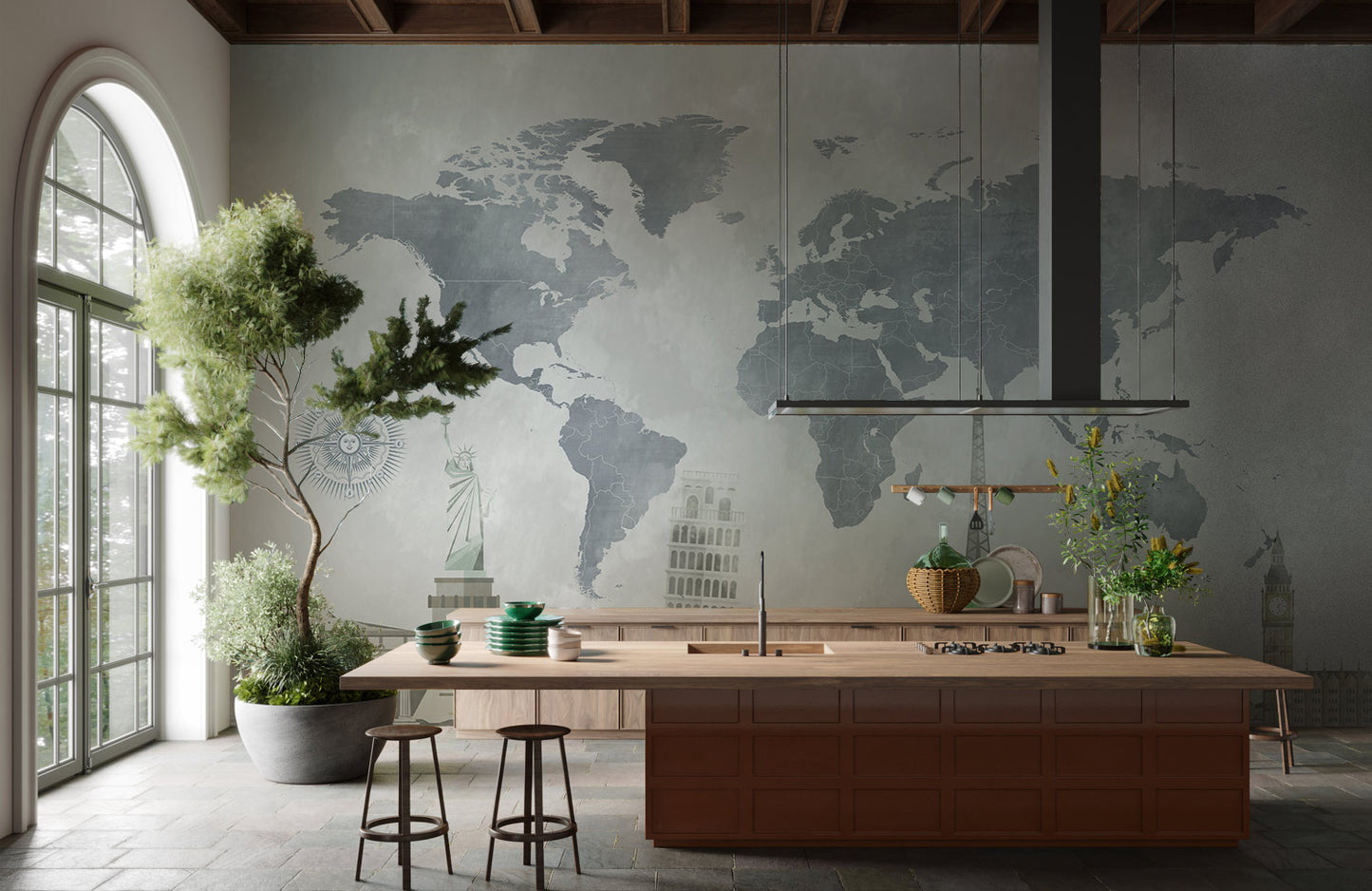 World Landmarks Grey Abstract Map Mural Wallpaper in kitchen