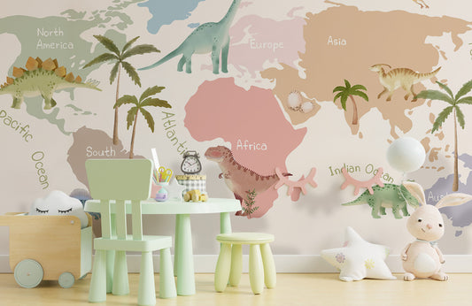 Dinosaur World Map Kids Wallpaper in children's room