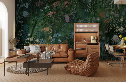 Lush Garden Whimsy Mural Wallpaper in living room