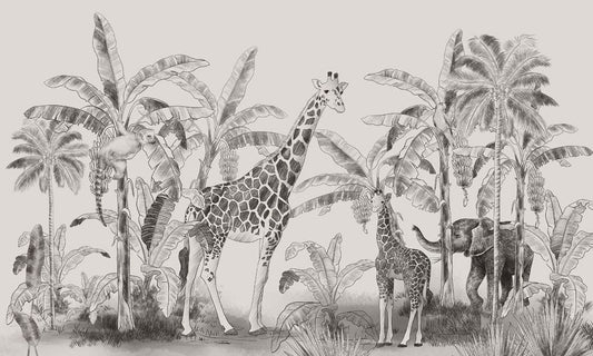 Safari Jungle Black White Mural Wallpaper