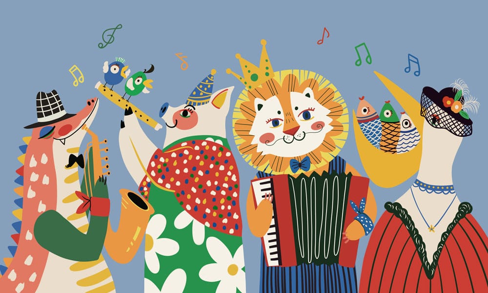 Papier peint mural bleu avec des musiciens animaux fantaisistes
