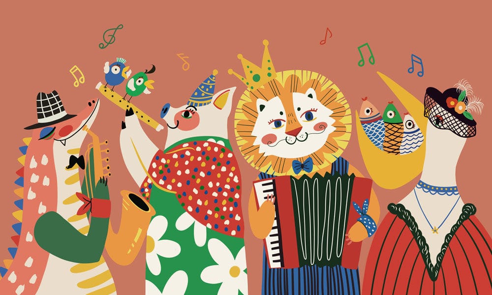 Whimsical Animal Orchestra Mural Wallpaper