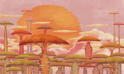 Baobab and sunset clouds patterned wallpaper mural for use in interior decoration