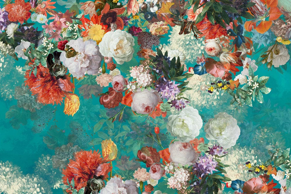 Vibrant Botanical Teal Floral Mural Wallpaper