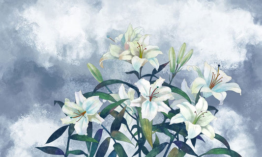 Elegant Watercolour Lily Blooms on Misty Blue Background Wallpaper Mural Design