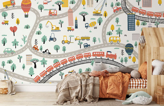 Colorful Whimsical Kids Transport Mural Wallpaper