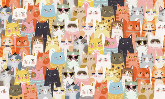 Cats in a Variety of Colors and Expressions Adorn this Cartoon Wallpaper Mural for Home Decoration