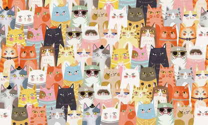 Cats in a Variety of Colors and Expressions Adorn this Cartoon Wallpaper Mural for Home Decoration