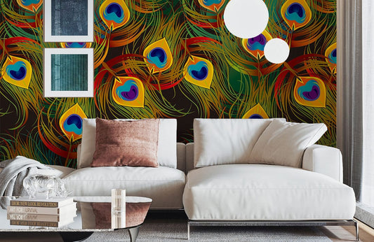 Luxury Peacock Feather Art Deco Mural Wallpaper