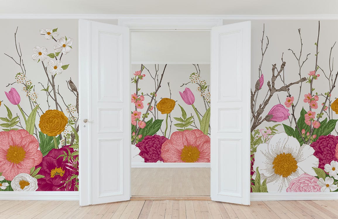 Wallpaper mural with colorful flowers blooming on the floor for use in home decoration